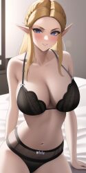 1girls ai_generated anime_lingerie big_breasts bikini black_bra black_panties blonde_hair bottomless bra breasts female female_only hands_on_bed hylian hylian_ears long_hair nai_diffusion nintendo open_mouth panties princess princess_zelda sitting sitting_on_bed smile solo solo_female stable_diffusion teeth the_legend_of_zelda the_legend_of_zelda:_breath_of_the_wild thick_body topless upper_body video_game_character yellow_eyebrows zelda_(breath_of_the_wild)