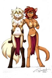 2girls anthro belly_dancer belly_dancer_outfit cat_ears cat_tail catgirl cleavage furry green_eyes harem harem_girl harem_outfit large_breasts loincloth original original_characters red_eyes slave slave_bikini slave_leia_(cosplay) slave_outfit slavegirl star_wars tom_fischbach twokinds upstairstudios wolf_ears wolf_girl wolf_tail