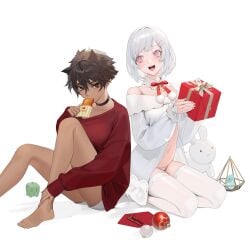 2girls absurdres albino black_choker box breasts choker christmas christmas_ornaments dark-skinned_female eating envelope female female_only food gift gift_box hair_between_eyes hair_ornament hairclip highres holding_box holding_food jacket knee_up large_breasts letter long_sleeves looking_at_viewer micchan_(ohisashiburi) nacchan_(ohisashiburi) navel neck_ribbon off_shoulder ohisashiburi original original_character original_characters panties pink_eyes red_ribbon ribbon seiza shirt short_hair sitting skirt slit_pupils smile stuffed_toy sweater thighhighs tomboy underwear very_short_hair white_legwear yuri