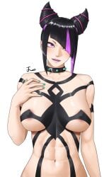 abs areola areola_slip athletic athletic_female bangs big_breasts black_hair breasts busty capcom collar duct_tape erect_nipples eyeshadow female female_focus female_only hourglass_figure juri_han lipstick long_hair makeup muscle_tone nail_polish navel noorung purple_eyes spiked_collar standing street_fighter tagme tied_hair toned toned_female wide_hips