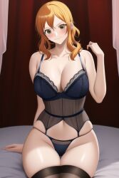 1girls ai_generated anime_lingerie arm_up big_breasts blue_lingerie blue_panties breasts female female_only looking_at_viewer nai_diffusion nami nami_(one_piece) one_piece orange_eyes orange_hair post-timeskip short_hair shounen_jump sitting smile smiling_at_viewer solo solo_female stable_diffusion straight_hair tagme thighhighs