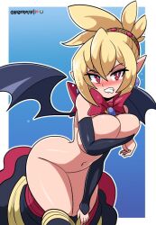 1girls armwear belly_button big_breasts bigdeadalive blonde_hair blush breasts covering_breasts covering_nipples demon_wings disgaea disgaea_2 earrings embarrassed embarrassed_nude_female enf female light-skinned_female light_skin naked nippon_ichi_software nude pointy_ears rozalin solo undressing wings