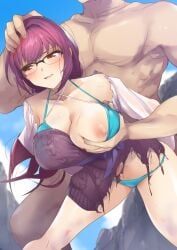 1boy 1girls blue_swimsuit breast_grab captured captured_heroine crying crying_with_eyes_open defeated defeated_heroine exposed_breasts fate_(series) female female_focus glasses grabbing_from_behind groping groping_from_behind imminent_rape imminent_sex large_breasts light-skinned_female male_domination nukkoru purple_hair rape red_eyes restrained scathach_(fate) submissive_female