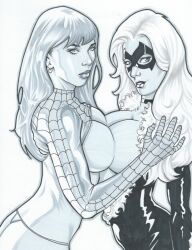 2girls antiheroine big_breasts black_cat_(marvel) breasts colorless earrings felicia_hardy female female/female female_focus female_only lipstick looking_at_viewer marvel marvel_comics mary_jane_watson mask panties rubbing rubbing_breasts straight_hair superheroine thong underwear yuri