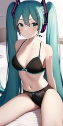 1girls ai_generated anime_lingerie aqua_eyes aqua_hair bikini black_bra black_panties bra closed_mouth female female_focus female_only hatsune_miku light-skinned_female light_skin long_hair nai_diffusion number_tattoo object_on_head panties room_background singer sitting sitting_on_bed skinny_body skinny_female smile solo stable_diffusion straight_hair tattoo tattooed_arm thighs vocaloid younger_female