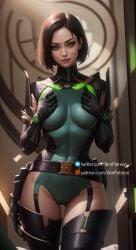 ai_generated aim_patreon belt black_hair bodysuit breasts female garter_straps glowing green_eyes hand_on_own_chest large_breasts looking_at_viewer short_hair solo thighhighs valorant viper_(valorant)