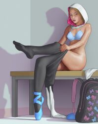 1girls backpack ballet_slippers bench blonde_hair bra breasts dressing female gwen_stacy hood light_blue_bra marvel marvel_comics medium_breasts navel nude_female pussy pussy_peek sitting smooth_skin spider-gwen stahlberg straight_hair vagina