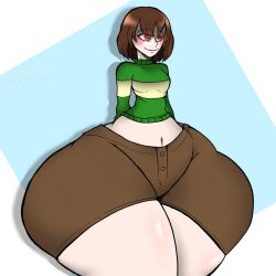 1girls 2023 2d bottom_heavy breasts brown_hair chara clothed clothing female female_only huge_ass human human_female human_only massive_thighs ordinaryzashi red_eyes shorts solo thick_thighs thunder_thighs toby_fox undertale undertale_(series) wide_hips