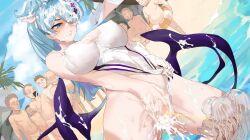 beach blue_hair cleavage cum_in_pussy cum_on_body cum_on_face elira_pendora hair_over_one_eye injury jellyfish large_breasts multiple_boys nijisanji nijisanji_en nudity one-piece_swimsuit peeing ponytail standing_in_water supahboodge virtual_youtuber white_swimsuit wings