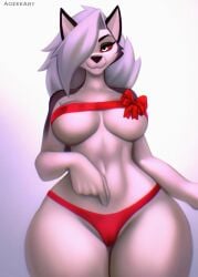 2022 2d anthro aozee artist_name black_nose black_pupils breasts canine christmas demon digital_media_(artwork) eyebrow_piercing female female_only furry furry_female furry_only hair hair_over_one_eye hellhound helluva_boss holidays long_hair looking_at_viewer loona_(helluva_boss) navel panties piercing red_panties red_sclera ribbon smile smiling_at_viewer solo standing tagme thick_thighs underboob white_background white_body white_eyes white_hair wolf