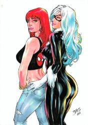 2girls antiheroine ass ass_focus big_ass black_cat_(marvel) breasts curvaceous curvy curvy_figure ed_benes ed_benes_studio felicia_hardy female female_only green_eyes hip_grab hips latex latex_suit light-skinned_female lipstick marvel marvel_comics mary_jane_watson mask red_hair red_lipstick smiley_face smiling_at_viewer straight_hair superheroine tight_clothing voluptuous voluptuous_female white_hair wide_hips yuri