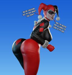 1girls 3d 3d_(artwork) angry artist_name ass athletic athletic_female batman:_arkham_knight batman_(series) big_ass big_breasts bodysuit busty curvaceous curvy curvy_figure dc dc_comics dialogue eyes female female_only fit fit_female harley_quinn harley_quinn_(classic) harley_quinn_(injustice) hips hourglass_figure injustice_2 lips makeup pawg smitty34 solo supervillainess talking_to_viewer thick thick_thighs thighs villain villainess voluptuous watermark