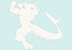 5_toes anthro ass balls blue_background blush claws dragondrawer erection feet fin fish genitals head_fin humanoid_genitalia humanoid_penis kneeling male male_only marine muscular muscular_anthro muscular_male nude penis shark simple_background solo tail tail_fin teeth toes