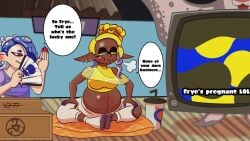 2girls belly big_belly big_man_(splatoon) blonde_hair blue_hair breasts dark-skinned_female deep_cut_(splatoon) frye_(splatoon) inkling octoling pregnant pregnant_female shiver_(splatoon) speech_bubble splatoon stomach tentacle_hair tummy voredude77