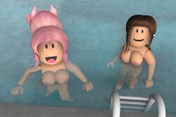 2girls 3d blender breasts brown_hair completely_nude completely_nude_female earrings female female_only full_body looking_at_viewer naked naked_female nude nude_female pink_hair ponytail pool poolside pussy roblox robloxian smile smiling smiling_at_viewer swimming_pool tarsto updo video_games water