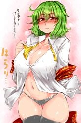 1girls belly_button black_panties blush breasts cleavage clothed collarbone green_hair japanese_text kazami_yuuka large_breasts looking_at_viewer navel nipples_visible_through_clothing panties red_eyes roki_(hirokix) short_hair skirt_down skirt_removed solo thighhighs thighs touhou translation_request underwear yuka_kazami yuuka_kazami