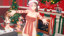 3d 3girls big_breasts brown_eyes brown_hair busty christmas christmas_outfit christmas_tree cleavage come_hither covered_navel demanding female heterochromia hug_invitation human koikatsu large_breasts naked_ribbon necklace neo_(rwby) outstretched_arms pink_eyes pink_hair revealing_clothes rwby smile two_tone_hair