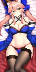 1girls ai_generated animal anime_lingerie big_breasts black_socks blue_bra blue_panties breasts fate/grand_order fate_(series) female female_only human_version lingerie lying lying_on_bed medium_hair nai_diffusion pale-skinned_female pink_hair solo stable_diffusion stockings tamamo_no_mae_(fate) thighhighs yellow_eyes