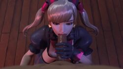 1boy 1girls 3d animated black_cat_d.va black_cock blowjob d.va dark-skinned_male dark_skin eye_contact female gif gothic_lolita lunea male oral overwatch penis pov twintails