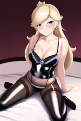 1girls ai_generated alluring anime_lingerie breasts crown earrings female female_only hands_on_bed latex latex_lingerie latex_stockings legs_crossed long_hair looking_at_viewer mario_(series) medium_breasts nai_diffusion nintendo on_bed pantyhose platinum_blonde_hair princess princess_rosalina simple_background sitting smile smile_at_viewer solo stable_diffusion thighhighs white_bed_sheet