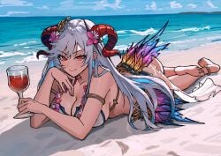 1girls alcohol alternate_costume anklet armlet ass beach big_ass bikini breasts cleavage colored_inner_hair cup drink english_commentary feathers female female_only fire_emblem fire_emblem_heroes flower flower_necklace freyja_(fire_emblem) freyja_(summer)_(fire_emblem) grey_hair holding holding_cup horns jewelry large_breasts long_hair looking_at_viewer lying multicolored_hair nintendo ocean official_alternate_costume on_stomach outdoors red_eyes seductive smile solo swimsuit the_pose white_bikini white_swimsuit wine zeon_(zzeeonn)