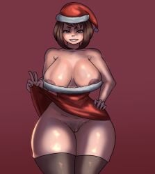 1girls big_breasts big_nipples christmas christmas_outfit hairy_pussy jesara12 merry_christmas my_hero_academia ochako_uraraka staring_at_viewer