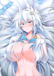 1girls absurd_res blush breasts claws condom female g_(genesis1556) highres horns lutian_(g_(genesis1556) lying monster_girl multicolored_hair navel original solo white_hair