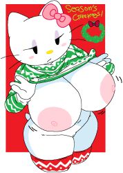 1girls big_areola big_breasts big_nipples bottomless bottomless_sweater breasts_out christmas chubby dream-cassette female flashing hello_kitty hello_kitty_(character) hello_kitty_(series) hoshime huge_areolae huge_breasts huge_nipples kitty_white large_areolae mob_face red_background sanrio solo sweater sweater_lift transparent_background