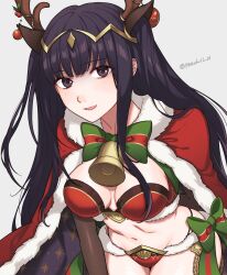 1girls alternate_costume antlers artist_name bangs bell bell_collar bikini black_hair bow bra breasts bridal_gauntlets brown_eyes cape christmas christmas_clothing christmas_headwear christmas_outfit cleavage cloak female female_only fire_emblem fire_emblem_awakening fire_emblem_heroes fur_trim hair_ornament highres intelligent_systems leaning_forward long_hair looking_at_viewer medium_breasts navel nintendo official_alternate_costume open_mouth panties peach11_01 plain_background red_panties smile solo tharja_(fire_emblem) tharja_(winter)_(fire_emblem) thighhighs tiara two_side_up underwear watermark