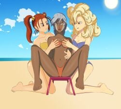 3girls angry anoneysnufftan applying_sunscreen ayla_(chrono_trigger) beach bikini blonde_hair breast_grab chair chrono_trigger dark-skinned_female defeated defeated_villainess dragon_quest dragon_quest_viii edasbild embarrassed female female_only from_side humiliation imminent_death jessica_albert jojo's_bizarre_adventure killer_lotion kneeling legs_spread mariah_(jjba) massage medium_breasts murder ocean orange_eyes peril punishment red_hair rubbing sand seaside silver_hair sitting sky snuff stardust_crusaders summer sunbathing swimsuit towel twintails