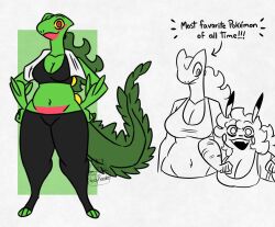 anthro big_breasts breasts female furry nerdyreindeer pikachu pokémon_(species) pokemon pokemon_(species) scalie sceptile slightly_chubby tagme