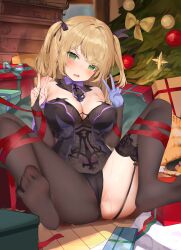 1girls absurdres alternate_breast_size bare_shoulders black_dress black_garter_straps black_pantyhose black_ribbon black_thighhighs blonde_hair blue_gloves blush bondage bound bow bowtie box breasts bridal_gauntlets cameltoe christmas christmas_present christmas_tree cleavage covered_nipples double_v dress feet feet_up female female_only fischl_(genshin_impact) fishnets foot_focus garter_straps genshin_impact gift gift_box gloves green_eyes hair_ribbon hands_up highres indoors lanyingchengzhi large_breasts leaning_back legs looking_at_viewer no_eyepatch no_shoes open_mouth pantyhose pubic_tattoo purple_bow purple_bowtie pussy pussy_juice red_ribbon ribbon ribbon_bondage see-through see-through_legwear single_garter_strap single_glove single_leg_pantyhose single_thighhigh sitting soles solo spread_legs tattoo thighhighs thighs toes two_side_up v wooden_floor yellow_bow