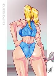 1girls ass back_view blonde_hair dat_ass female female_only hand_on_hip huge_ass kamen_kaiser metroid muscular muscular_female ponytail samus_aran solo sweat tagme weights workout