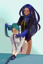 2girls bent_over black_hair blue_hair bound bound_arms champion clothed_sex dark-skinned_female dark_skin dildo doggy_style elite_four game_freak geeta_(pokemon) grabbing_another's_hair green_hair highres lavender_incubus magical_ondine multicolored_hair multiple_girls nintendo pokemon pokemon_(game) pokemon_champion pokemon_sv ponytail rika_(pokemon) roarke_(lavenderincubus) sex sex_toy smile strap-on teal_hair yuri