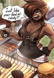 1girls abs abs_visible_through_clothing albry_(zzzhodazzz) apron big_breasts breasts cleavage clothed clothes clothing dialogue female food grill hair hair_over_one_eye one_eye_covered one_eye_obstructed open_mouth shorts solo text tight_clothing zzzhodazzz