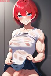 1futa ai_generated big_breasts big_penis blouse blue_eyes breasts clothed clothing erection futa_only futanari grin human kurisuta_san large_penis light-skinned_futanari light_skin mostly_clothed muscular nai_diffusion red_hair skirt skirt_lift skirt_up solo stable_diffusion wet wet_clothes