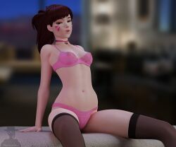 1girls 3d bangs bed bedroom bedroom_eyes belly blender blender_(software) bra choker clothed clothing collar d.va lingerie nipples nipples_visible_through_clothing overwatch panties petite ponytail see-through see-through_clothing sitting sitting_on_bed slim_waist small_breasts solo stockings theduudeman thighhighs thighs underwear