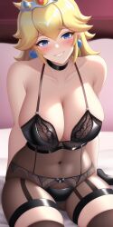 1girls ai_generated anime_lingerie bed_sheet black_stockings blonde_hair blue_earrings blue_eyes breasts cleavage crown female female_only hands_behind huge_breasts indoors latex_lingerie legs_apart long_hair looking_at_viewer mario_(series) nai_diffusion nintendo pale_skin princess princess_peach sitting sitting_on_bed smile smiley_face smiling_at_viewer solo stable_diffusion thick_thighs thighhighs