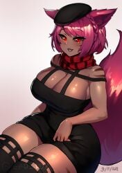 1girls big_breasts black_legwear black_sclera braided_hair cat_ears cleavage clothing dark-skinned_female dark_skin female female_only final_fantasy final_fantasy_xiv gad_ddx hat legwear looking_at_viewer medium_hair miqo'te pink_hair red_eyes sitting smiling smiling_at_viewer solo tail teeth_showing thick_thighs thigh_squish very_high_resolution whisker_markings white_background