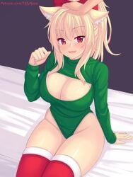 1girls 2022 animal_ears blonde_hair blush bow breasts cleavage cleavage_cutout fangs hairbow hand_on_head headpat large_breasts leotard leotard_sweater looking_at_viewer original patreon_username ponytail pov pov_eye_contact red_eyes sitting smile tagme thighhighs thighs tiffy tiffynyaa