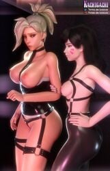 3d bdsm_gear blonde_hair d.va dominatrix exposed_breasts exposed_nipples kachigachi latex lowres mercy overwatch yuri