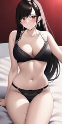 1girls ai_generated anime_lingerie big_breasts bikini black_bra black_hair black_panties breasts earrings female female_only final_fantasy final_fantasy_vii final_fantasy_vii_remake hand_on_bed nai_diffusion pale-skinned_female red_background red_eyes simple_background sitting sitting_on_bed smile smiling_at_viewer square_enix stable_diffusion thick_thighs tifa_lockhart video_game_character