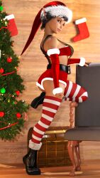 3d 3d_(artwork) black_hair blue_eyes christmas christmas_tree elf elf_ears elf_female elf_girl female jaxxxer looking_at_viewer medium_breasts original original_artwork original_character pin-up pin_up pixie_cut santa_hat short_hair smile tanned_skin.