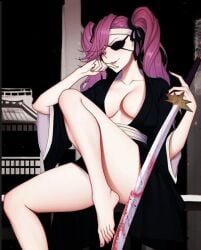 bleach bleach:_the_thousand-year_blood_war blood breasts eyepatch feet half_naked purple_hair saitou_furoufushi toes