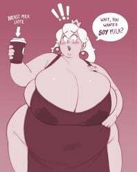 1girls bbw blush breasts_bigger_than_head cleavage crown dialogue double_chin ear_piercing fat female female_only gelatingent huge_belly huge_breasts iced_latte_with_breast_milk lactating lactation lactation_through_clothes looking_at_viewer mario_(series) meme monochrome naked_apron name_tag nintendo obese obese_female overweight overweight_female pink_background princess_peach solo solo_female solo_focus standing text text_bubble wide_hips