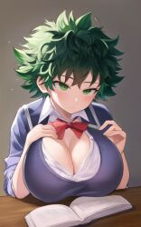 ai_generated big_breasts boob_window female_deku green_eyes green_hair izuku_midoriya merukuma my_hero_academia rule_63 school_uniform schoolgirl schoolgirl_uniform stable_diffusion tight_clothing