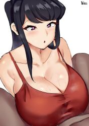 1boy 1girls black_eyes black_hair blush breasts camisole cleavage collarbone dark-skinned_male dark_skin heart heart-shaped_pupils highres huge_breasts interracial komi-san_wa_komyushou_desu komi_shouko light-skinned_female light_hair light_skin looking_at_another paizuri paizuri_under_clothes red_camisole simple_background solo_focus straight strap_gap sweat symbol-shaped_pupils titfuck_under_clothes titjob white_background yua_respati