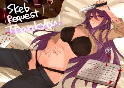 5_fingers black_bra black_panties blood bloody_knife book bra breasts commission cuts doki_doki_literature_club english_text knife long_hair panties pubic_hair pubic_hair_peek purple_eyes purple_hair purple_pubic_hair rkgkefr_(artist) skeb_commission text yuri_(doki_doki_literature_club)