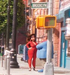 city earrings edit hands_on_hips heels huge_breasts mahmapuu male mario_(series) non_nude outside pantsuit pauline red_lipstick super_mario_bros._(2023_film) thick_thighs