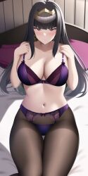 1girls ai_generated anime_lingerie bed black_hair breasts earrings female female_only fire_emblem fire_emblem_awakening hands_on_own_chest huge_breasts long_hair looking_at_viewer nai_diffusion nintendo pale-skinned_female pantyhose purple_bra purple_panties sitting sitting_on_bed smile smiling_at_viewer solo stable_diffusion tharja_(fire_emblem) thick_body tiara video_game_character white_bed_sheet